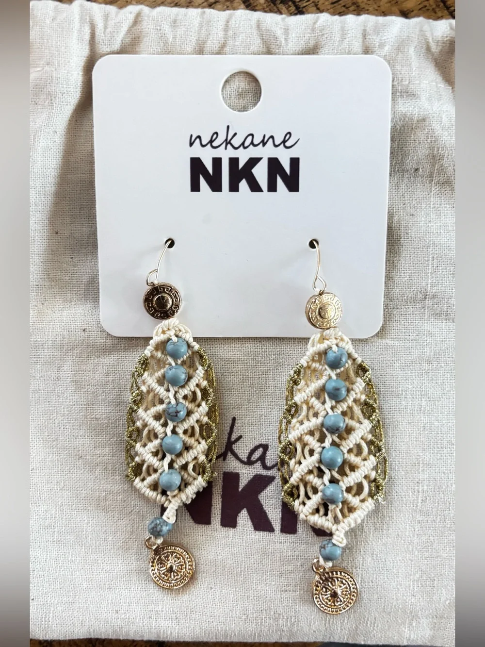 NWT NKN Nekane Kant Boho Macrame Dangle Earrings Turquoise Beads Gold